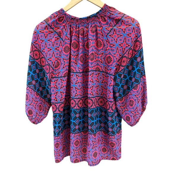 Aqua Women's Red Blue Geometric Print Smocked Neckline Large 3/4 Sleeves Sheer - Picture 3 of 5